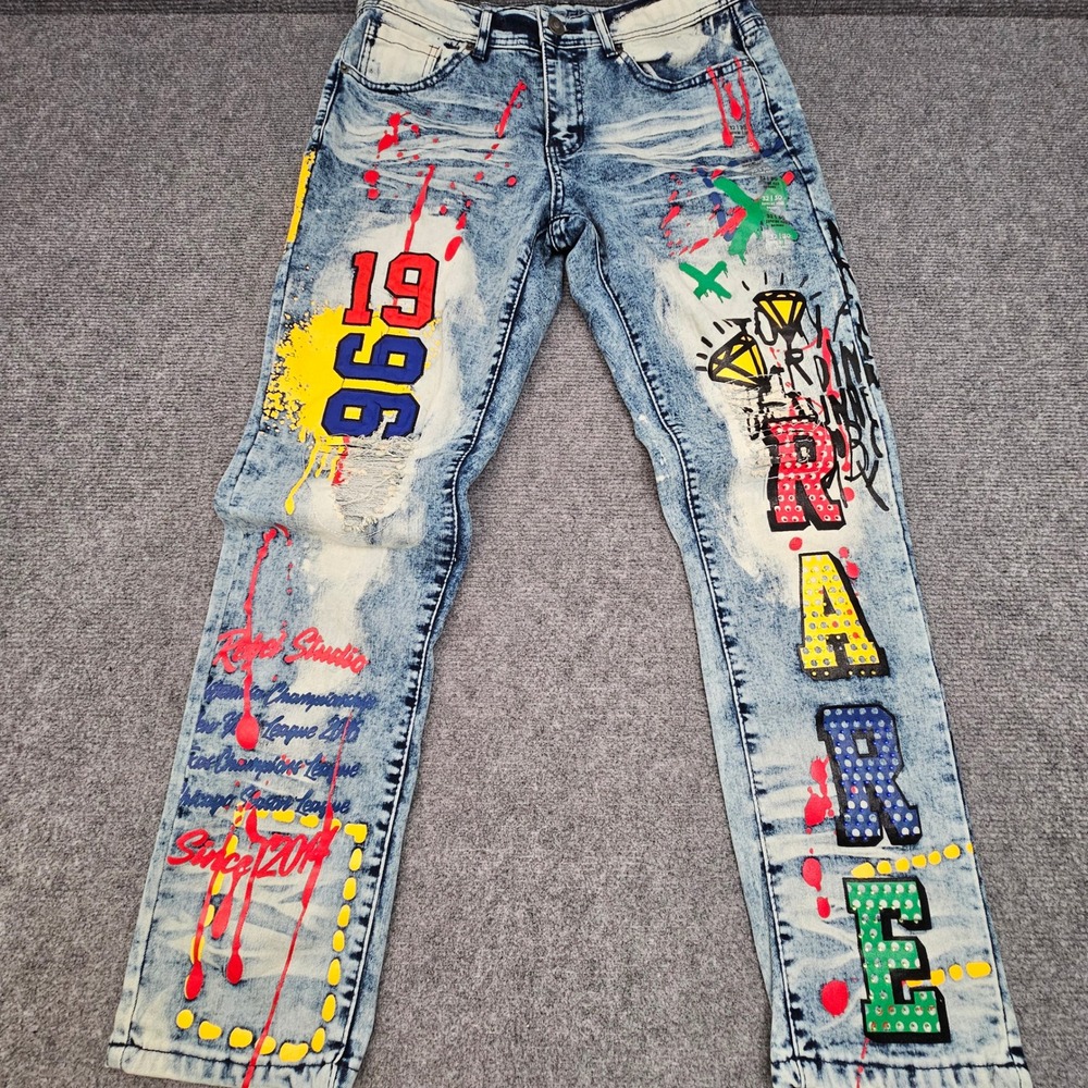 Rue21 Skinny Jeans Mens 32x30 Blue Acid Wash Graffiti Paint Splatter Streetwear